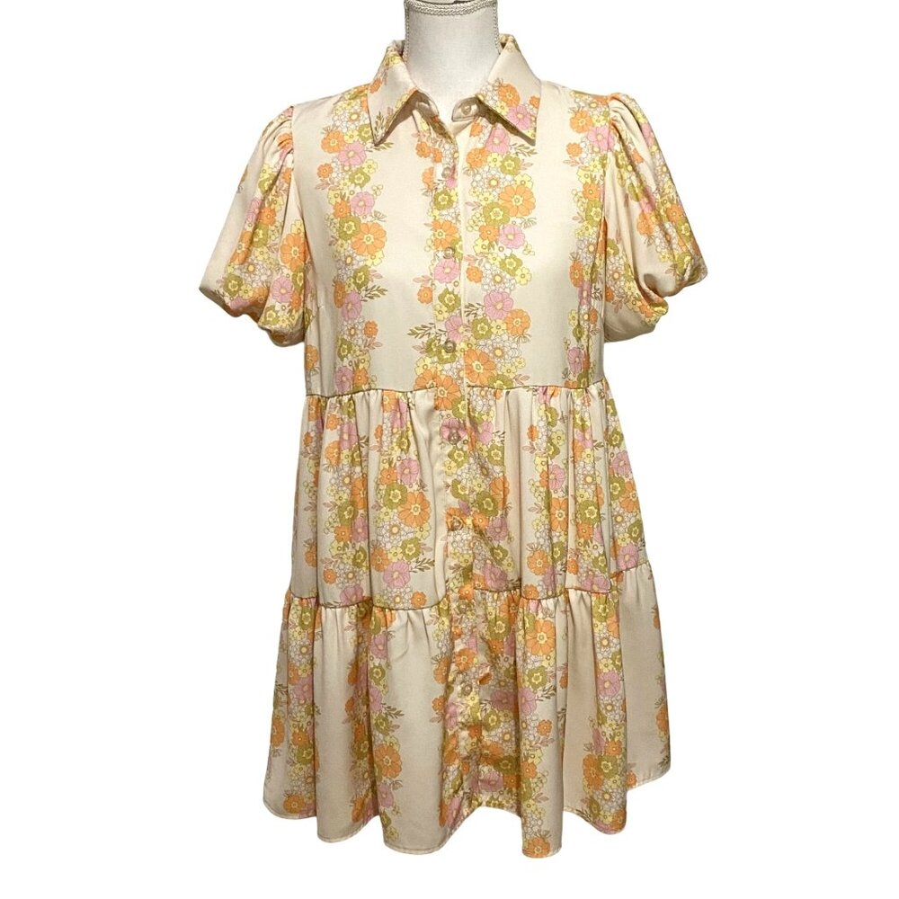 Boho Hippie Button Front Floral Dress S Beige Cottagecore Bloomcore Granola Girl